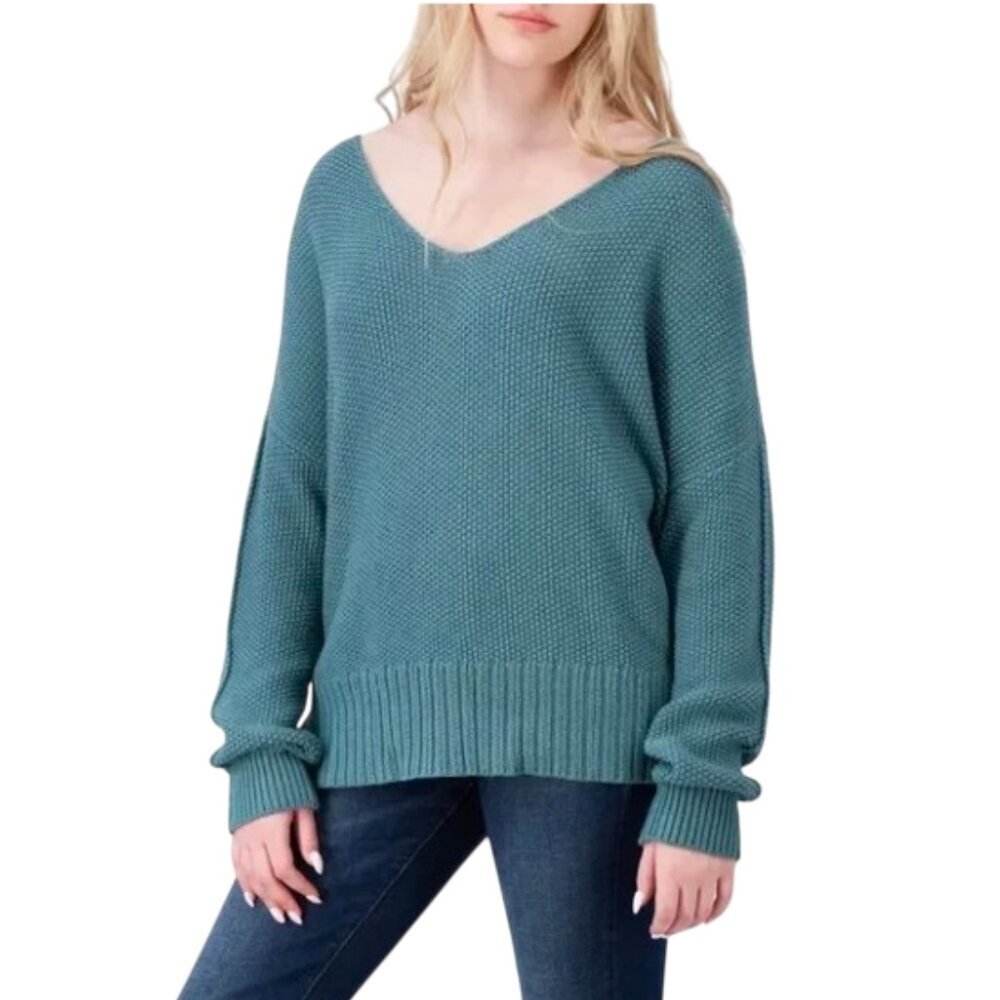 NWT Lucky Brand  Cotton Blend V-neck Popcorn Knit‎ Sweater Green Size M